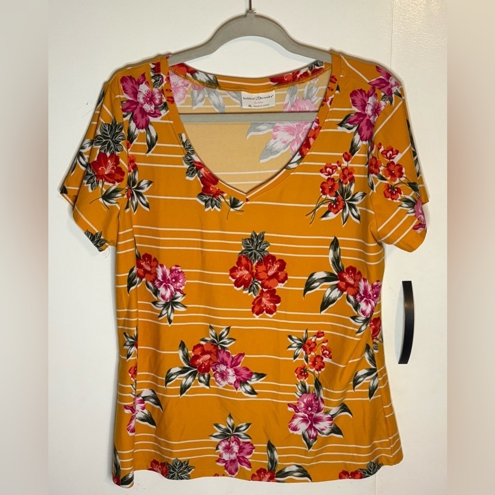 Bobbie Brooks Women’s V Neck T-Shirt White Orange Striped Tropical Floral XL